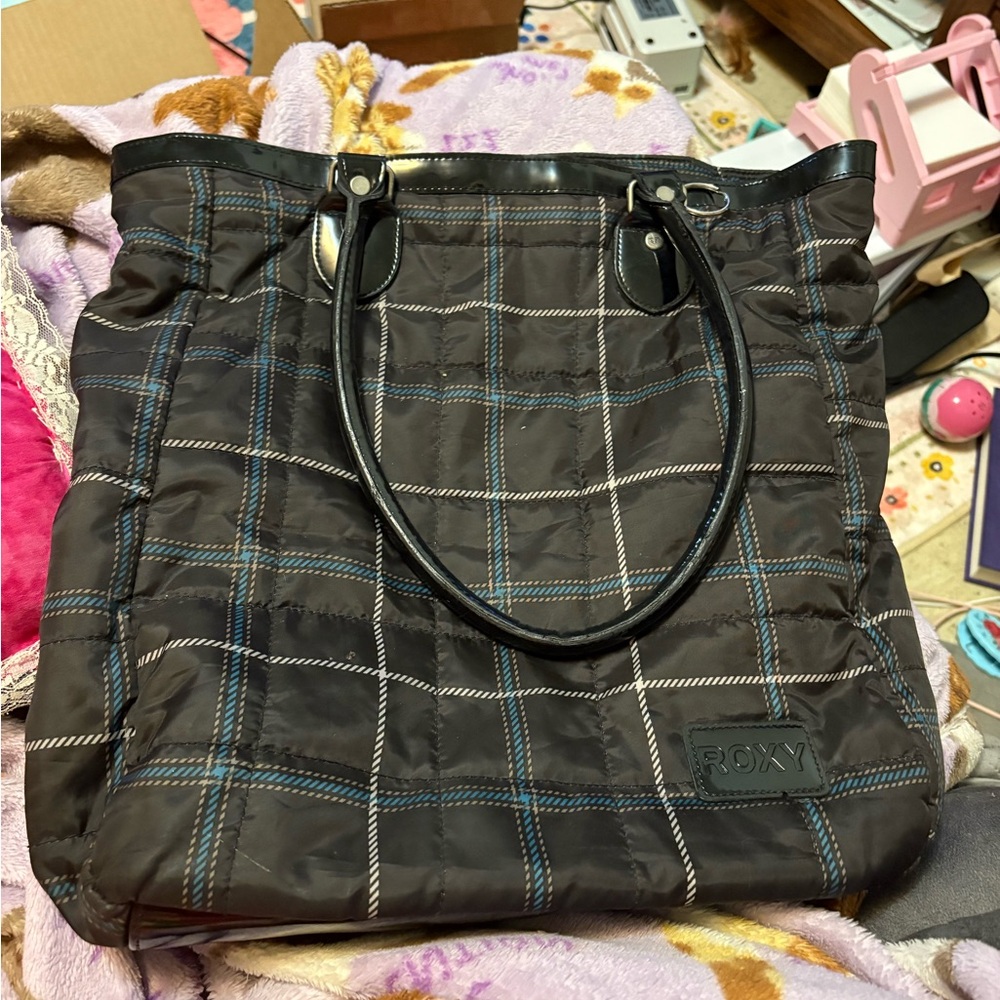 Roxy Black and Blue Checkered Tote Bag